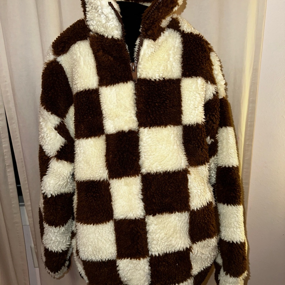 Zara Brown and Cream Checkered Zip-Up Sweater- Sherpa - Picture 3 of 7